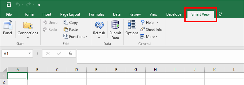 Screenshot of the Smart View tab in Excel.