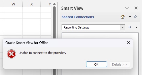 FR Reports Connection error message in Smart View.