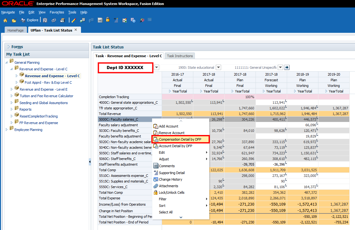 Screenshot of how to navigate to the employee planning form from the Revenue and Expense form.