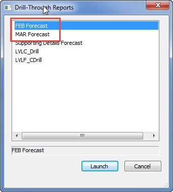 Shows the prompt users will see when in Smart View, and after selecting drill through. The screenshot shows that users should select their February or March forecast (as an example, the months change depending on time of year).