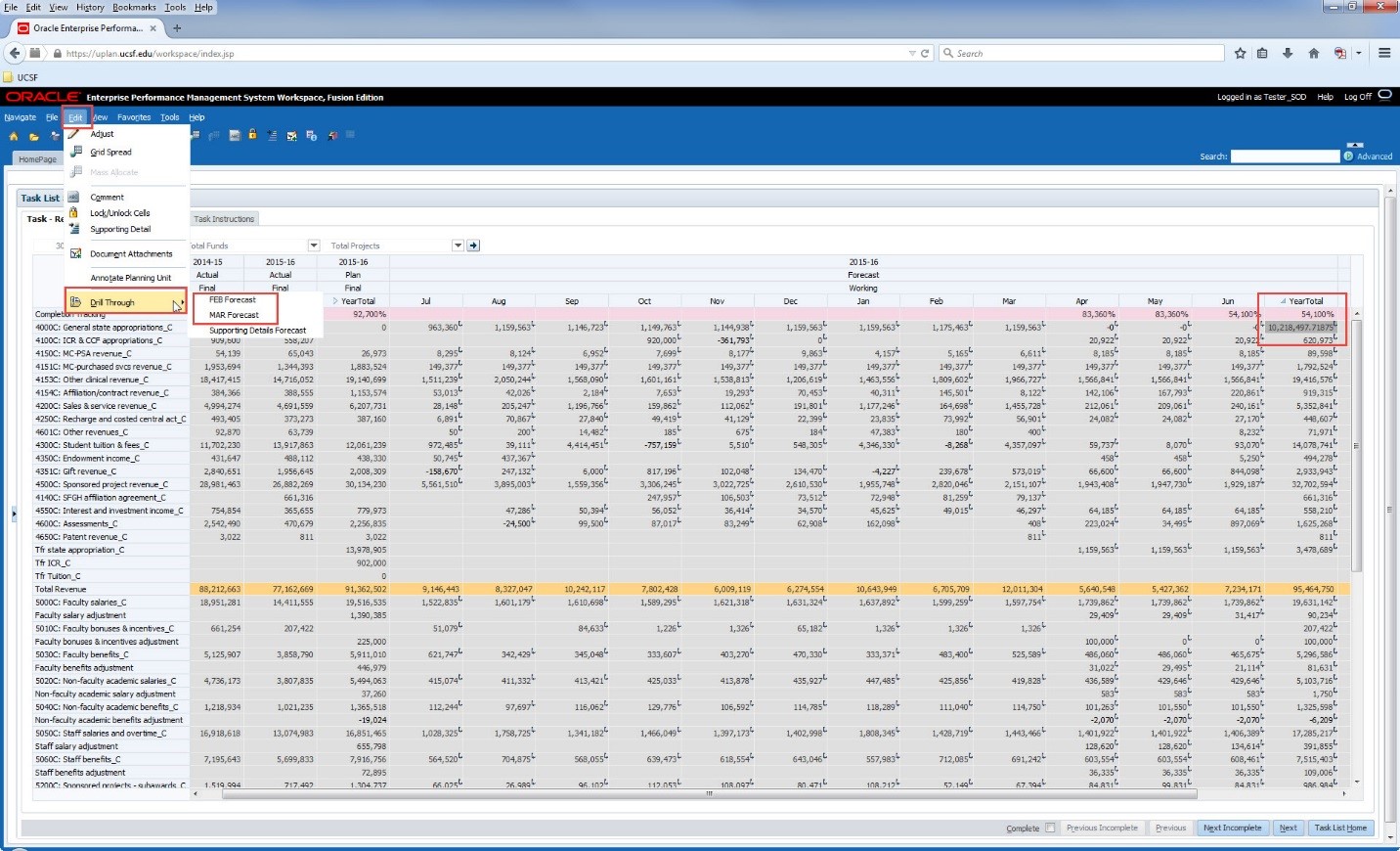 Shows the menu users would see when accessing drill through planning by project supporting detail upon right-clicking the highlighted cell when using Smart View.