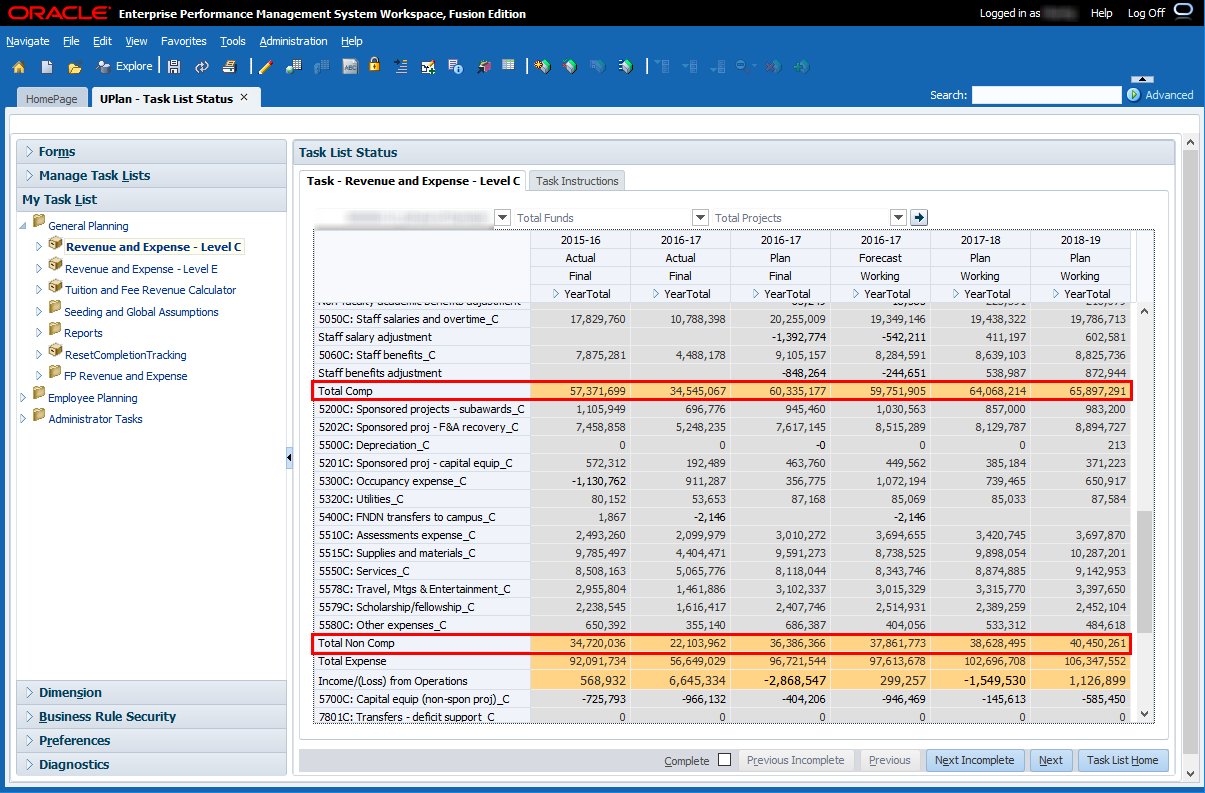 Screenshot of Total Compensation and Total Non-Compensation accounts in the Revenue and Expense form.