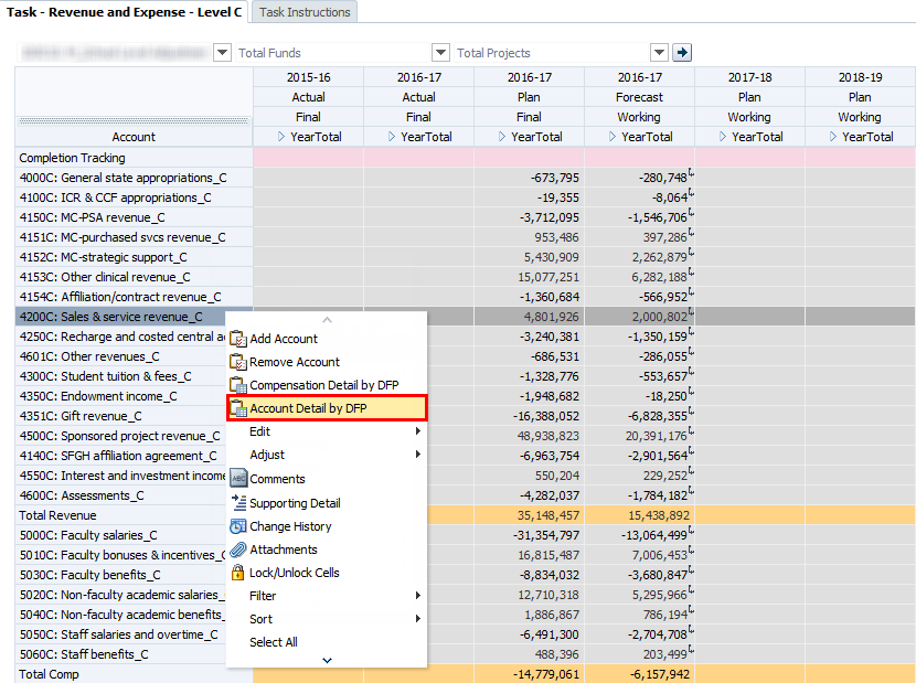 Screenshot on how to navigate to the Account Detail by Department, Fund, and Project form.
