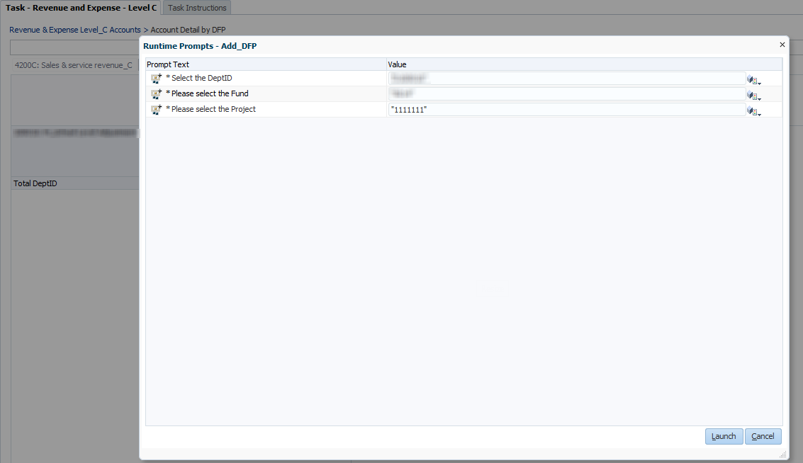 Screenshot of the Department, Fund, and Project prompt window.