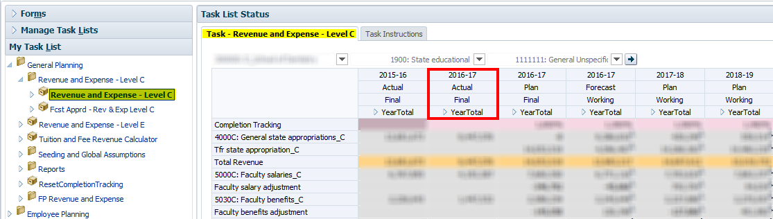 Screenshot of the UPlan Web Revenue and Expense Level C form.