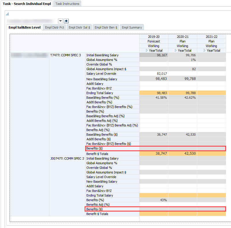 Screenshot of Employee Salary and Benefits Level form with Benefits dollar account
