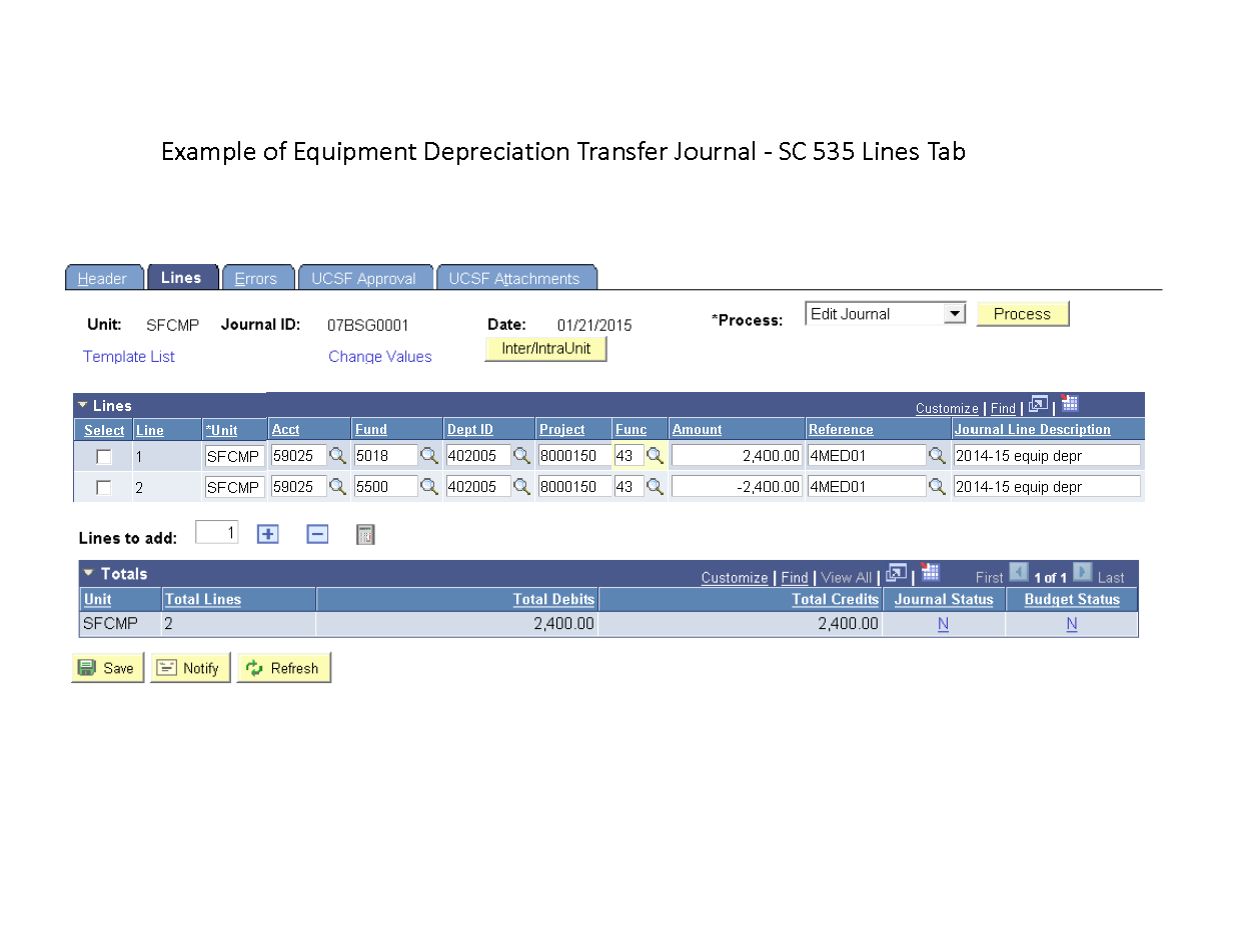 Example of Equipment Depreciation Transfer Journal  ‐ SC 535 Lines Tab - in UCSF's PeopleSoft system.