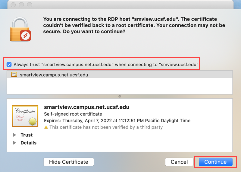 Smart View Certificate prompt
