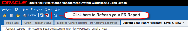 Shows where users would click to refresh a FR Report in UPlan.