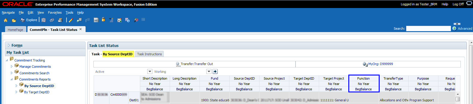 Shows the By Source Department form open with the Function code column highlighted.