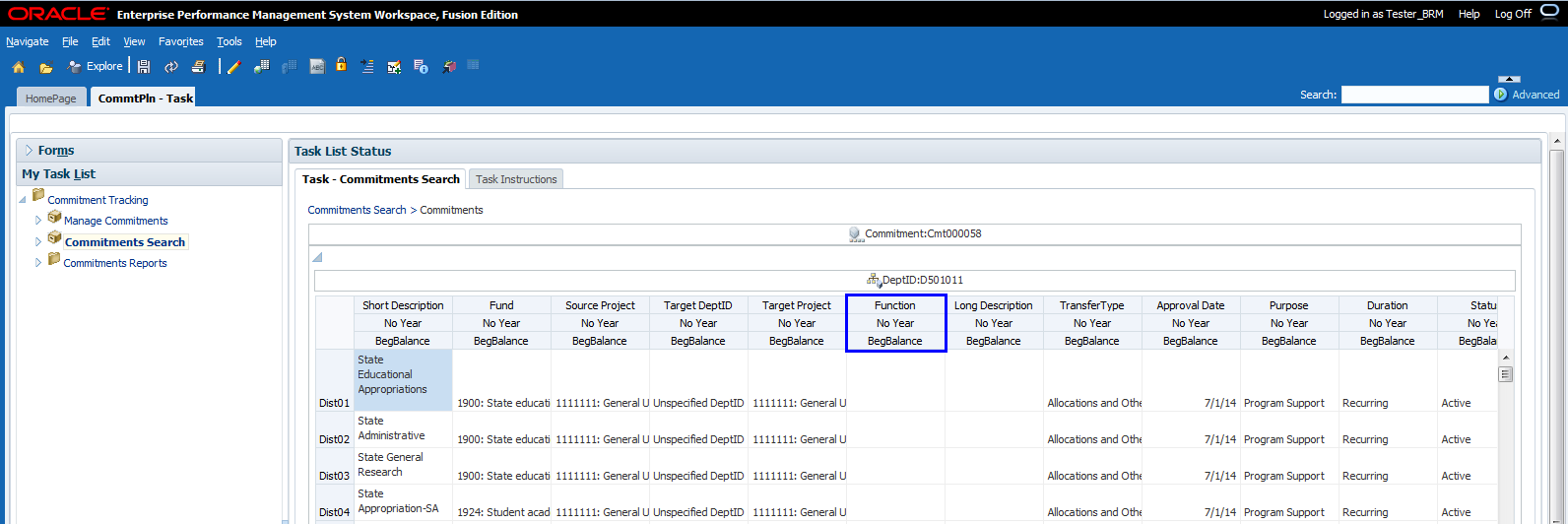 Shows the function code column in the Manage Existing Commitments form.