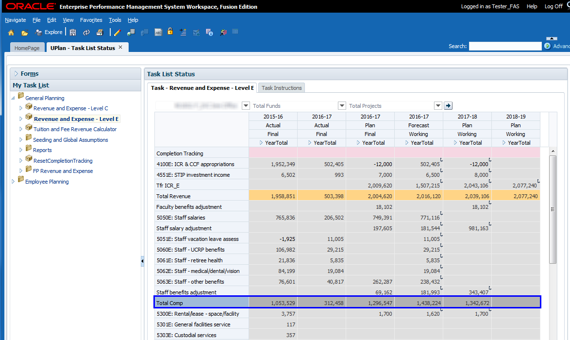 Shows the new Total Compensation line on the Revenue and Expense form Level E.